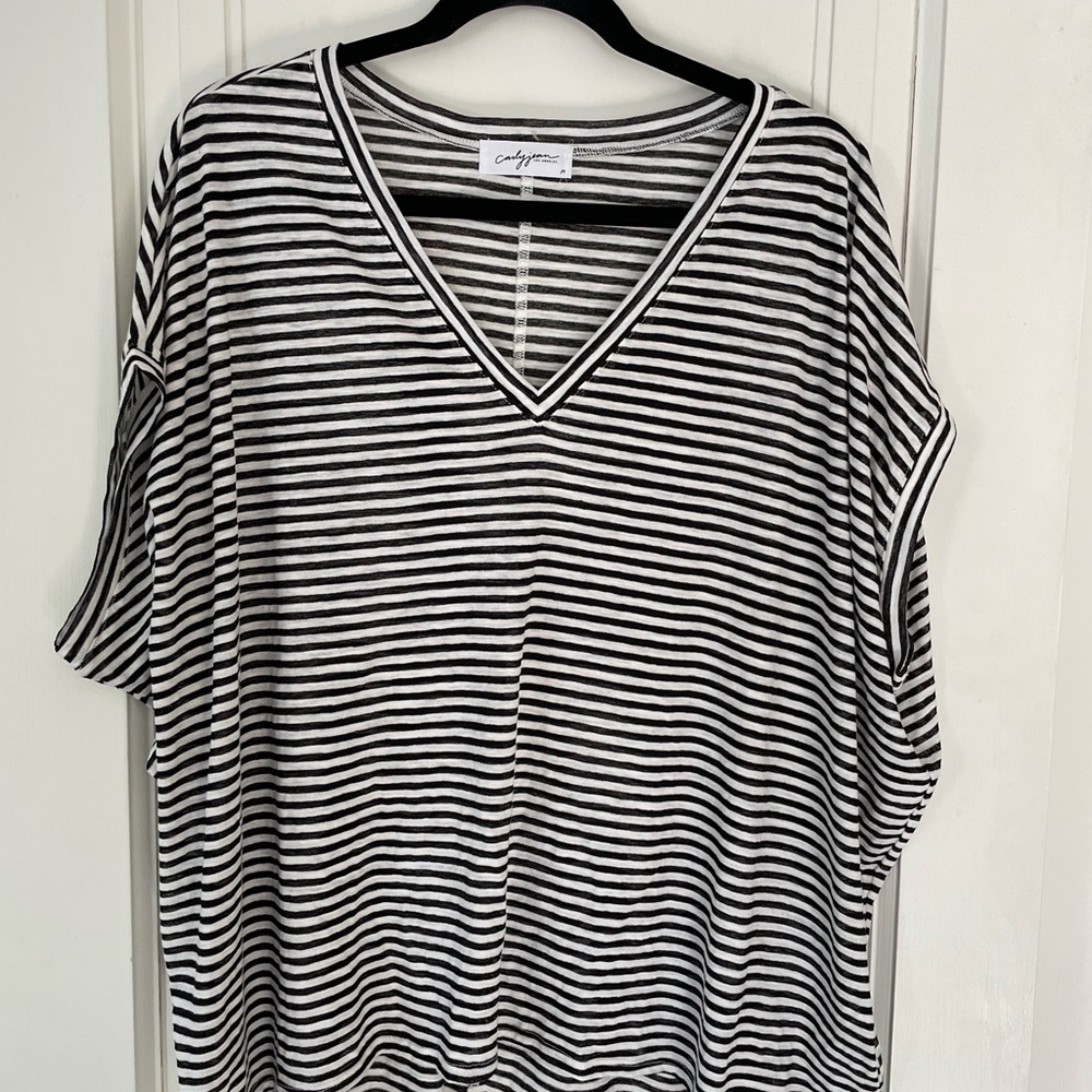 Carly Jean Los Angeles Black and White Striped V-Neck Tee